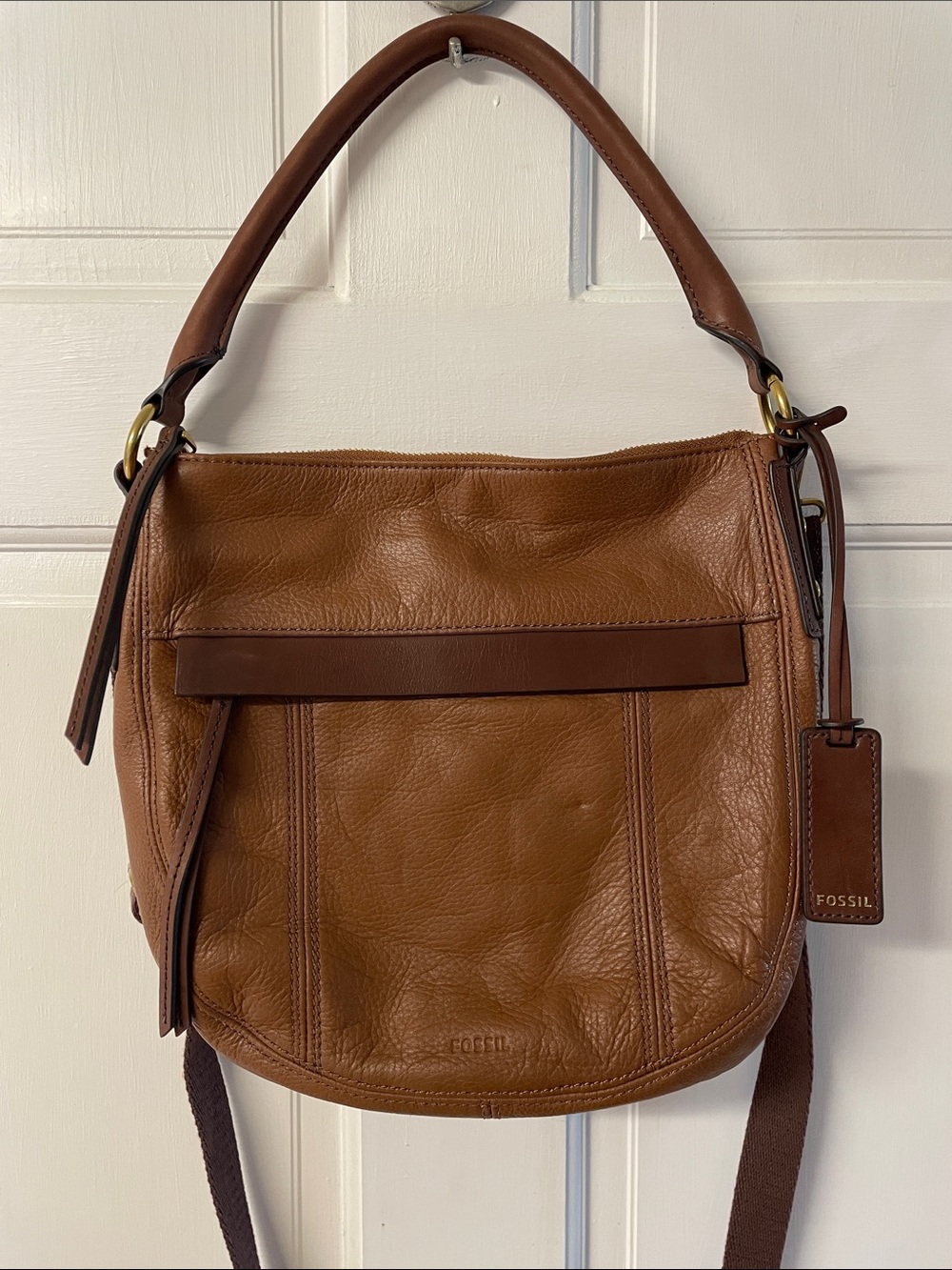 Fossil brown leather crossbody purse with attached short handle